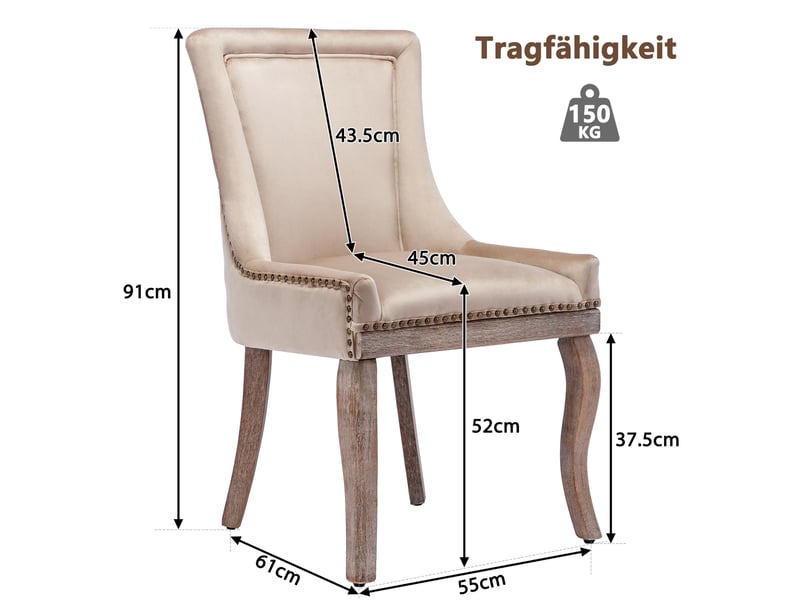  Chaise de salle à manger 6 pièces avec dossier rembourré, clous décoratifs et structure stable en velours beige  - Conforama C
