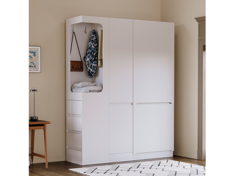  Armoire 140x40x170 cm avec 4 tiroirs et penderie ouverte coloris blanc et bois  - Conforama E