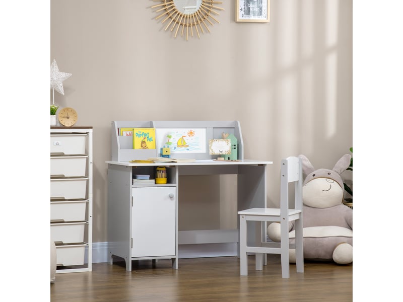  Bureau en bois pour enfant avec chaise et table, rangement et tableau blanc, à partir de 5 ans, 90 x 45 x 85 cm, gris  - Conforama C