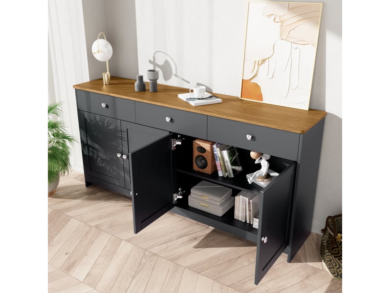  Buffet en bois 160*37*75cm, avec 4 portes et 3 tiroirs - pour salon, salle à manger, couleur de bois foncé et gris noir  - Conforama D