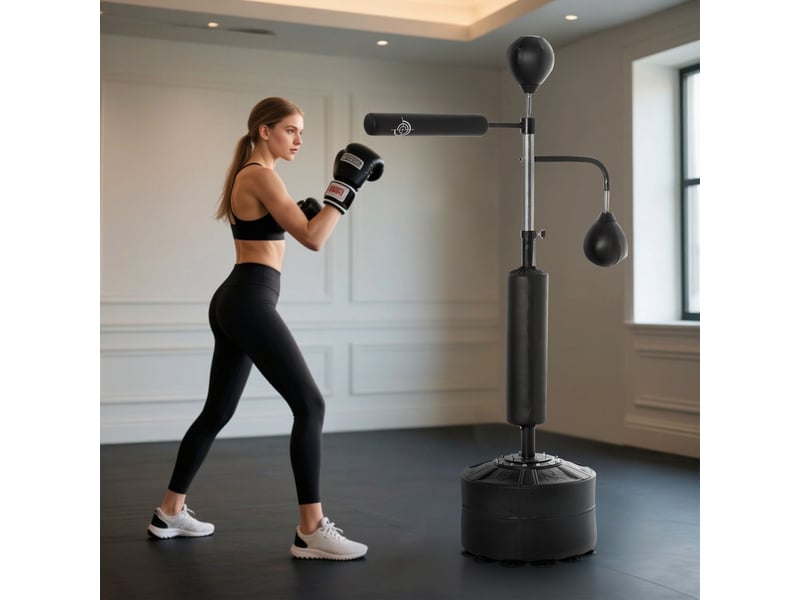  Sac de frappe autoportant 4 en 1 avec 2 balles de frappe, barre rotative et sac de frappe, hauteur réglable de 160 à 230 cm, noir  - Conforama D