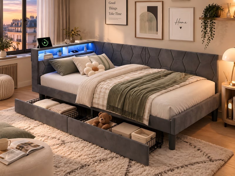 Kefsr cadre de lit simple rembourré 90x200 cm avec 2 tiroirs, canapé-lit banquette en velours gris, tête de lit avec rangement, éclairage led rgb et ports usbtype-c - Conforama B