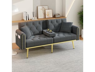 Canapé convertible 2 places avec dossier réglable 3 positions, porte-gobelet, en velours gris 175 × 80 × 73,5 cm