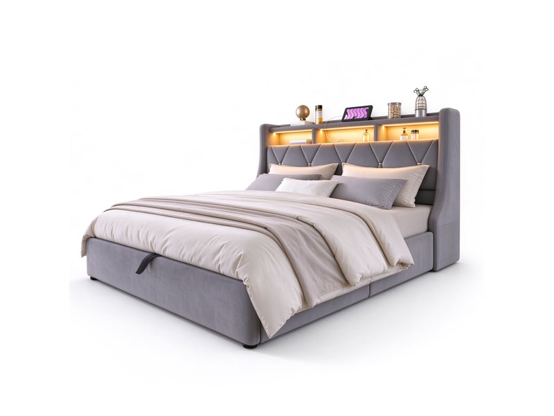  Lit coffre hydraulique 160x200 cm en velours, tête de lit rabattable avec rangement, LED, prise USB et Type-C, pieds élargis - Gris  - Conforama A