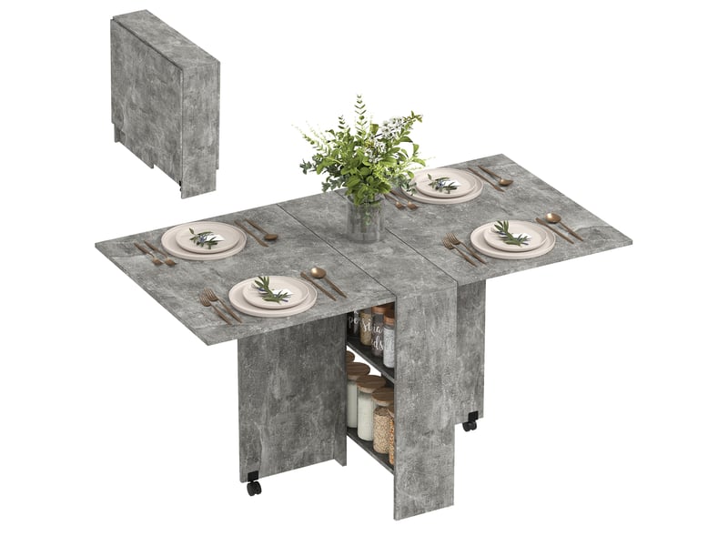  Table de cuisine pliante à roulettes, 2 étagères de rangement et 2 rallonges rabattables, style moderne, 75 x 140 x 74 cm, gris ciment  - Conforama A