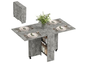 Table de cuisine pliante à roulettes, 2 étagères de rangement et 2 rallonges rabattables, style moderne, 75 x 140 x 74 cm, gris ciment