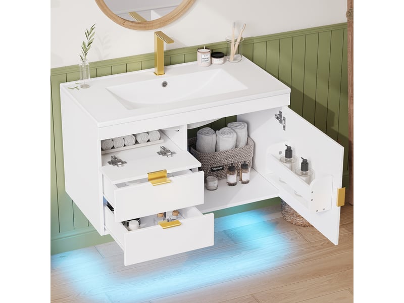  Meuble salle de bain suspendu 76cm blanc bois avec lavabo céramique et led connectée  - Conforama W