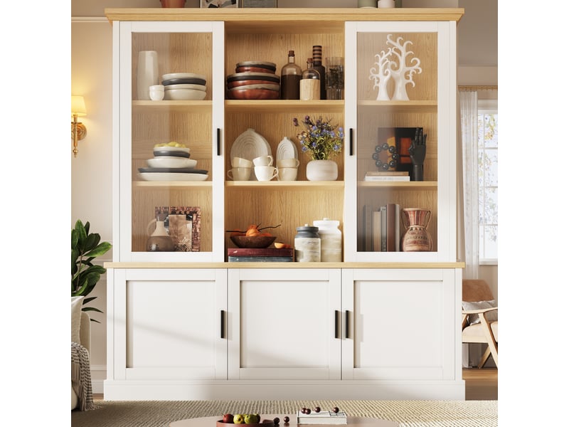 Buffet haut de cuisine 140x40x185 cm, vaisselier à portes vitrées, étagères réglables, placard inférieur, anti-basculement, blanc et effet chêne clair - Conforama B