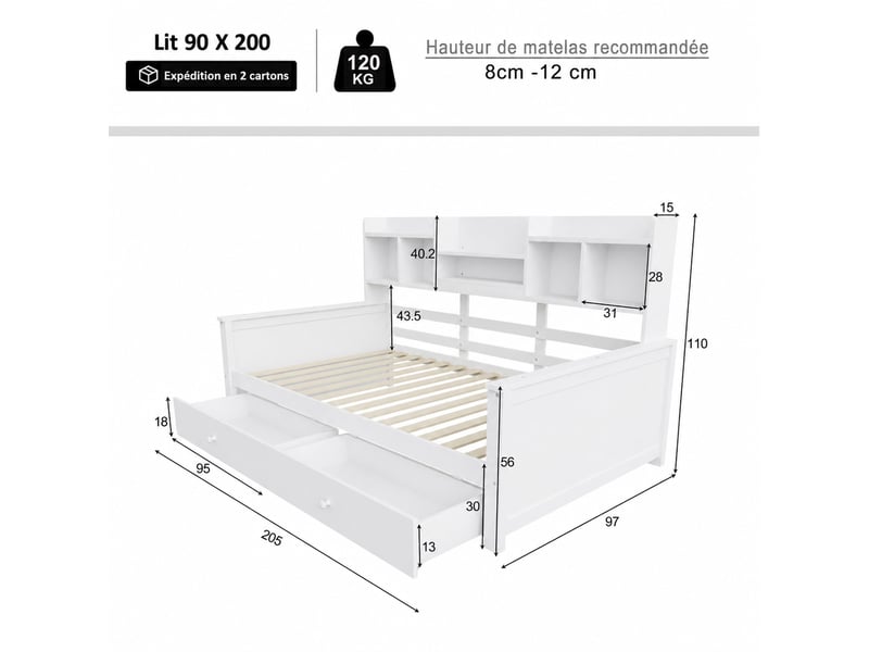  Lit banquette 90 × 200 cm 1 place avec 2 tiroirs, étagères et rangement latéral, sans matelas, en bois, blanc  - Conforama E