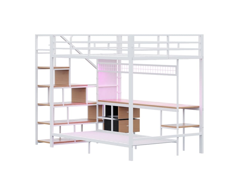  Lit superposé enfant 140x200 et 90x200 cm – blanc – bureau led, prises et rangements – sans matelas  - Conforama D