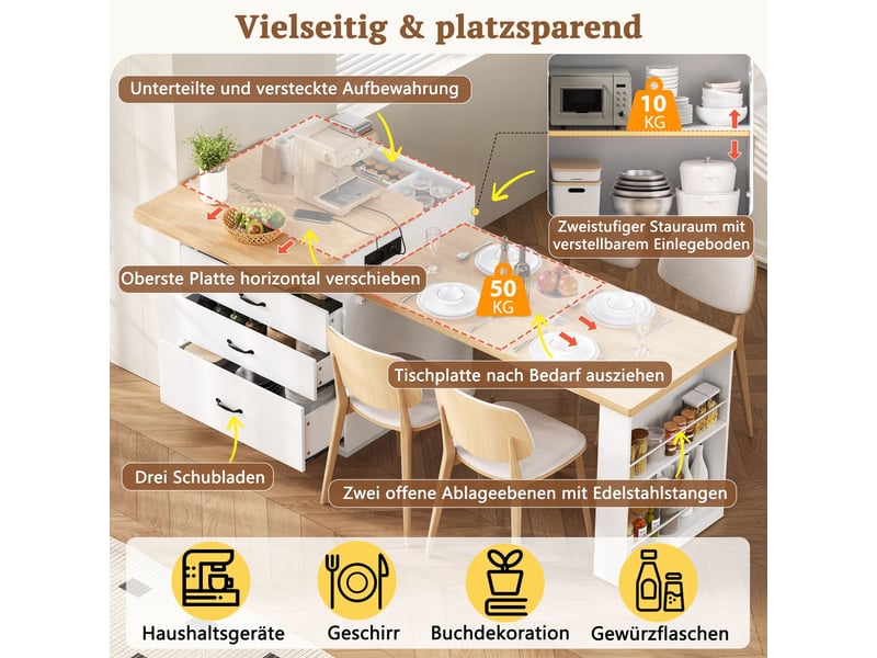  Table de cuisine éclairage led îlot de sur roulettes prises électriques intégrées usage buffet usage meuble d'appoint table de bar finition blanche  - Conforama D