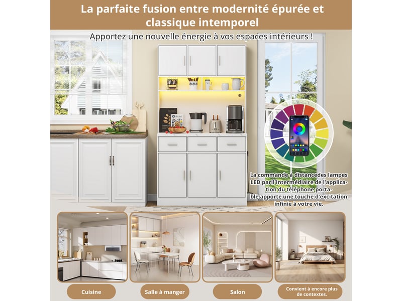 Meuble de cuisine muvano, buffet de cuisine blanc avec led et 3 tiroirs, 100 × 40 × 180 cm - Conforama E