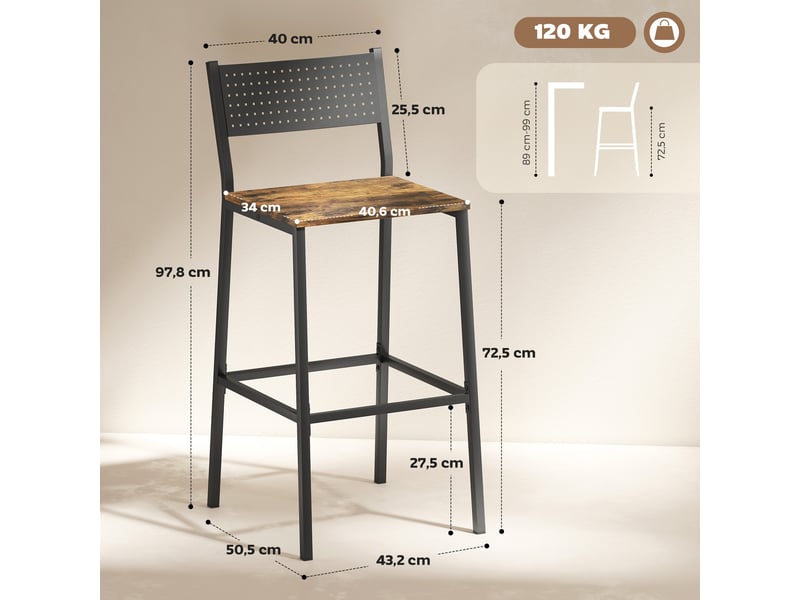  Lot de 2 tabourets de bar, chaises de bar, assise 72,5h cm, dossier et repose-pieds, pieds en métal, brun rustique  - Conforama E