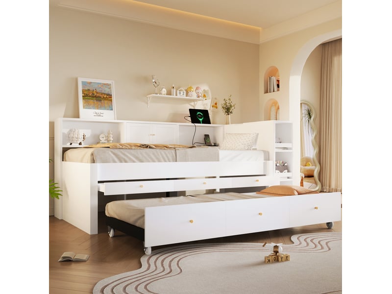  Lit gigogne avec 3 tiroirs, rangements latéraux, étagères et port usb, couchage d'appoint en mdf et bois de pin blanc  - Conforama D