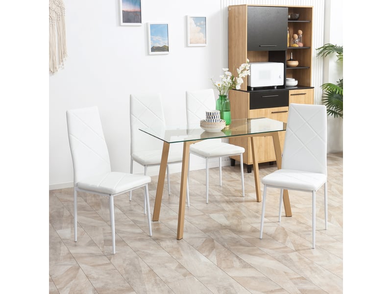  Ensemble de 4 chaises de salle à manger revêtues de similicuir, avec dossier haut et pieds en acier, 41 x 50 x 97 cm, blanches  - Conforama D