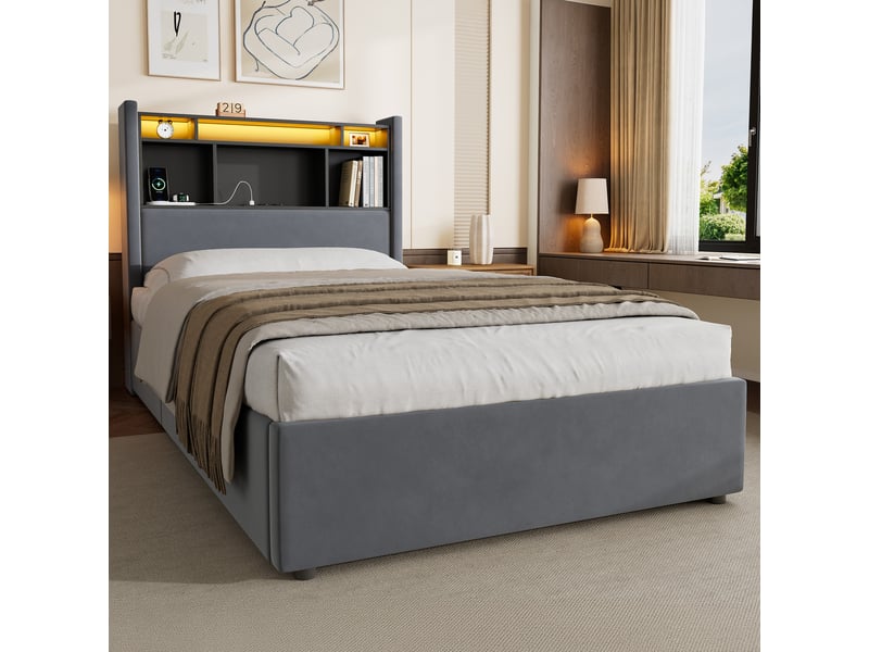  Lit coffre simple 90x200cm avec lampe led, fonction de charge et fonction de rangement, sans matelas  - Conforama R