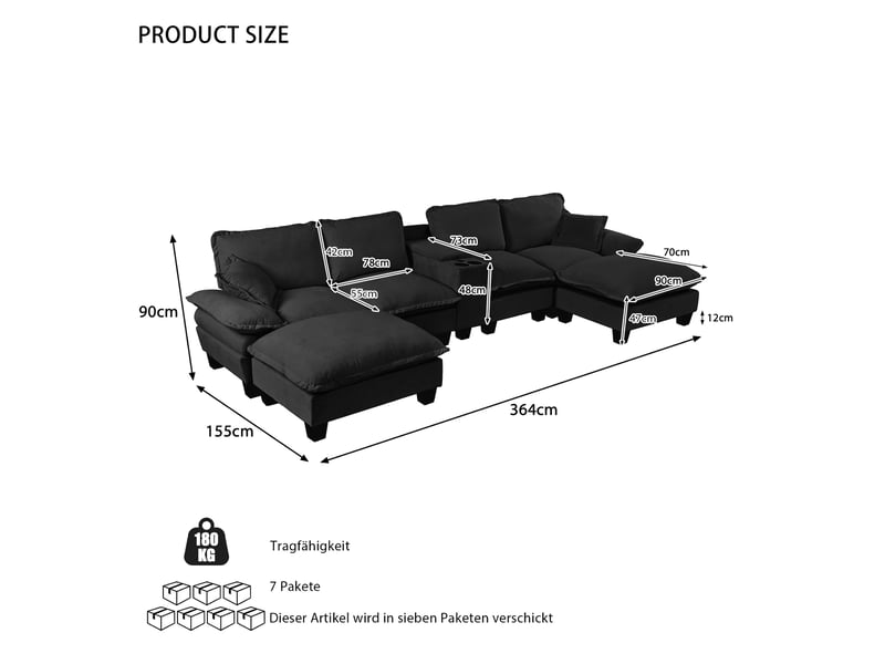  Canapé panoramique en u modulaire avec rangement et ports usb - 2 poufs, porte-gobelets, chenille noire  - Conforama C