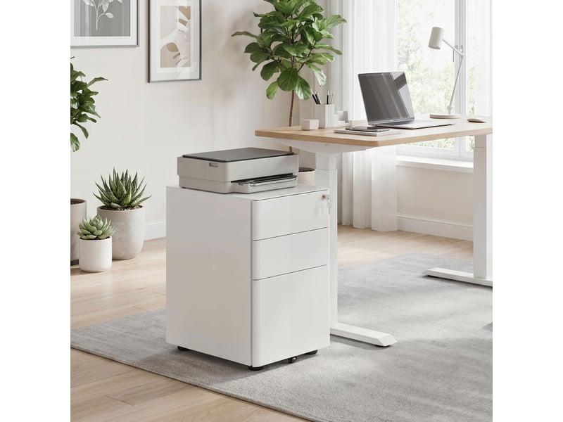  Commode de bureau en acier à 3 tiroirs avec serrure et roulettes, 39 x 48 x 59 cm, blanche  - Conforama D