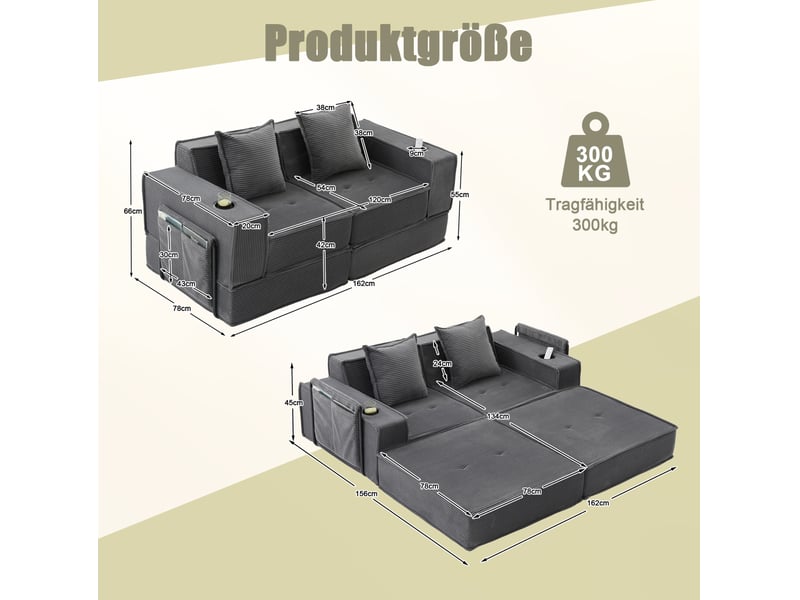  Canapé convertible ulevr 2 places en velours côtelé gris foncé 162 x 78 x 66 cm, avec poches latérales et porte-gobelets  - Conforama C