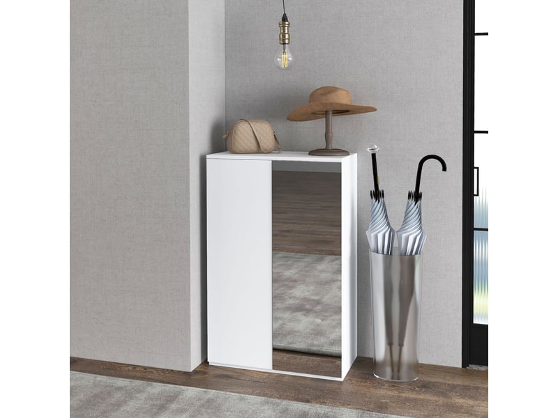  Meuble à chaussures avec miroir pour 18 paires de chaussures, 5 étagères réglables, pour entrée, 60 x 32 x 95 cm, blanc  - Conforama C