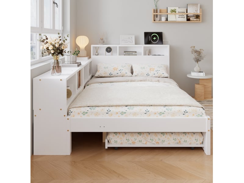  Lit 2 places 120 × 200 cm avec lit gigogne 90 × 190 cm, rangement latéral réversible et station de charge  - Conforama D