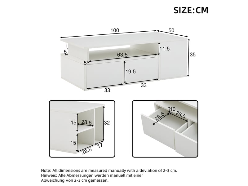  Table basse rectangulaire blanc avec 2 tiroirs - 50x100 cm led panneau de particules table basse blanc - Conforama C