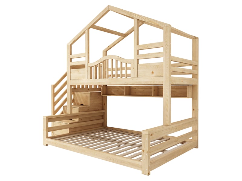  Lit superposé enfant 90140x200 cm- lit cabane - toit à pignon - escalier placard - 3 étagères - garde-corps  - bois naturel  - Conforama C