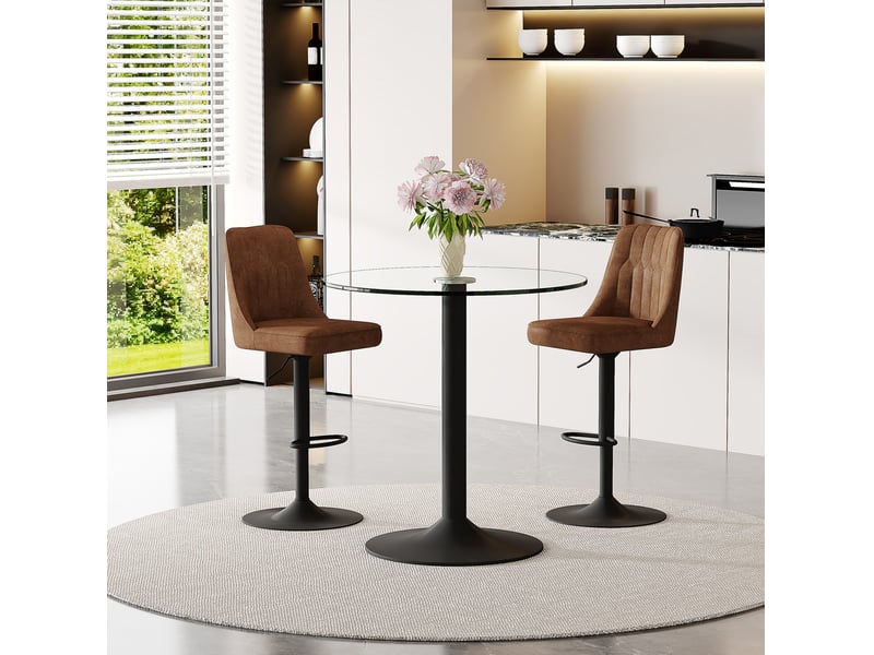 Ensemble bar table ronde en verre ø 89 cm avec 2 tabourets pivotants marron réglables, structure métal noir - Conforama E