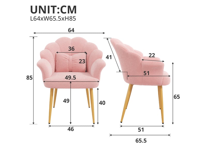  Lot de 2 fauteuils de salle à manger 64x65,5x85 cm rose, tissu peluche, pieds métal doré avec coussins assortis  - Conforama C