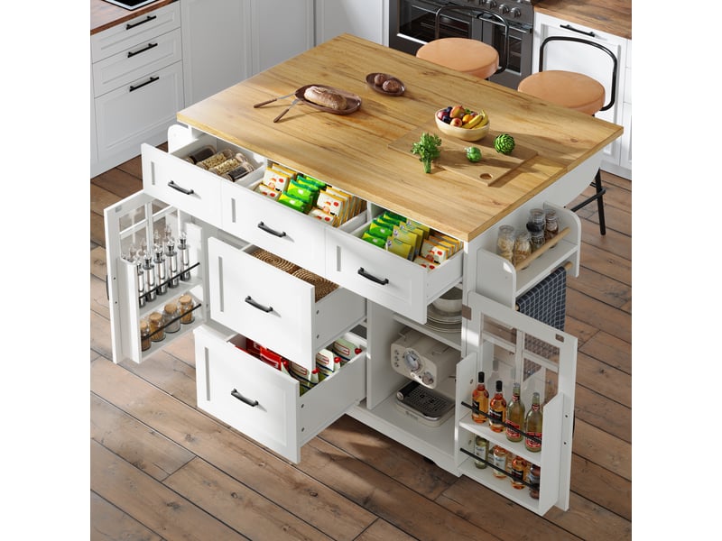 Meuble de cuisine - îlot mobile avec 5 tiroirs, 2 portes et étagère réglable, blanc, 140x40(63,5)x95 cm  - Conforama D