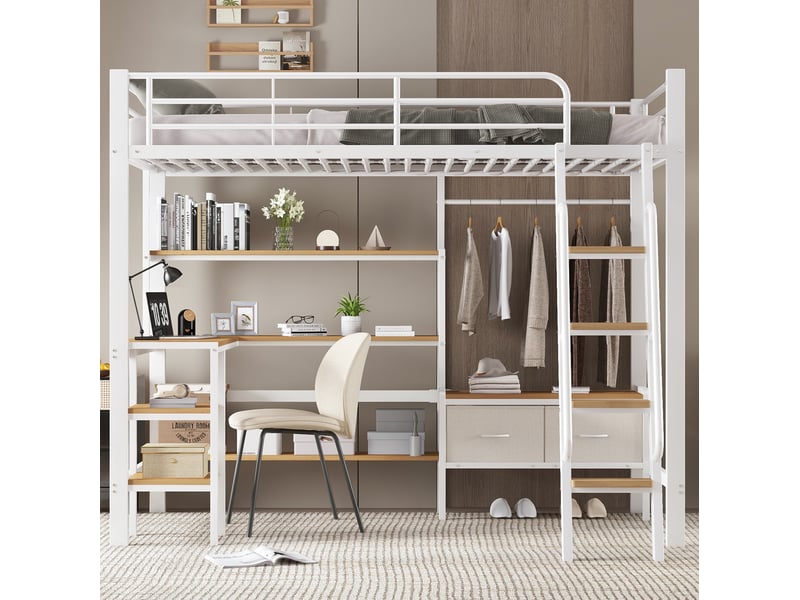  Lit mezzanine 90x200 cm avec bureau et étagère en métal et mdf blanc et naturel  - Conforama C