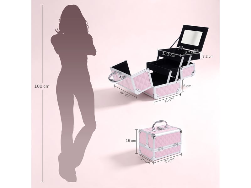  Trousse de maquillage avec cadre en aluminium, poignée et plateau déporté, 20 x 15 x 15 cm, rose  - Conforama E