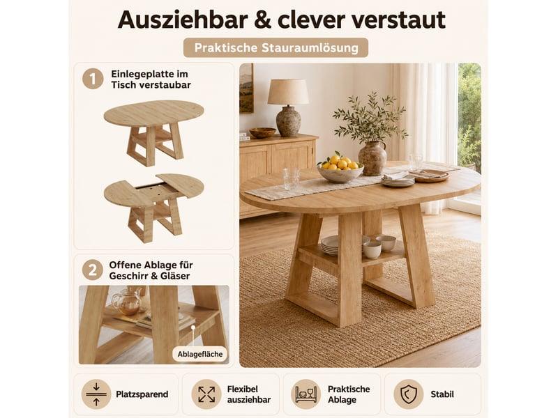  Table à manger extensible 150x110x75 cm avec rangement mdf chêne  - Conforama D