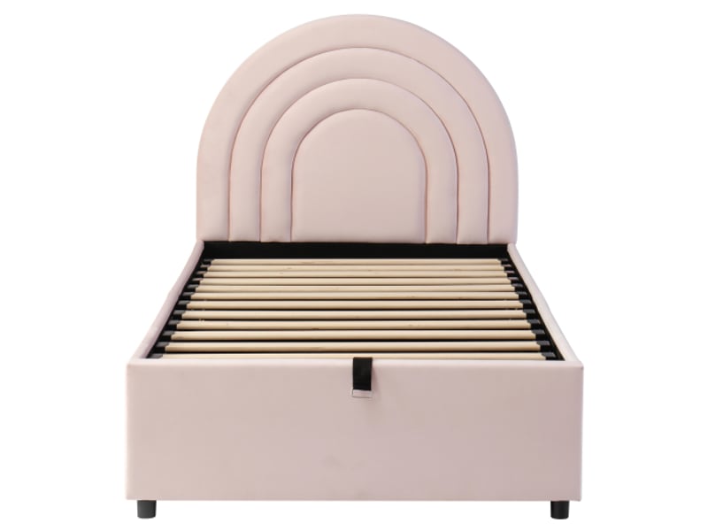  Lit capitonné 90×200 cm, enfant ou simple, avec sommier et tête de lit. Convient aux adultes et adolescents. Velours rose.  - Conforama A