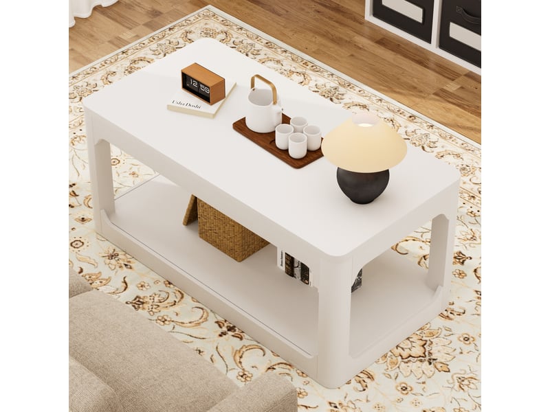  Table basse avec 2 niveaux de rangement pour salon en mdf blanc, plateau épais et bords légèrement arrondis  - Conforama C