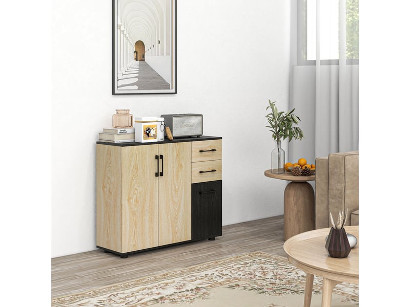  Meuble buffet de rangement cuisine 2 placards étagère réglable 2 tiroirs 90 x 30 x 75,5 cm naturel noir  - Conforama C