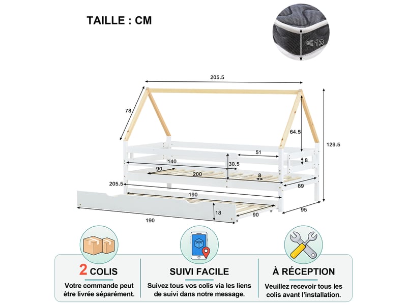  Lit cabane enfant 90×200 cm avec couchage gigogne 90×190 cm et barrières - okmyhome- pin blanc, sans matelas  - Conforama D