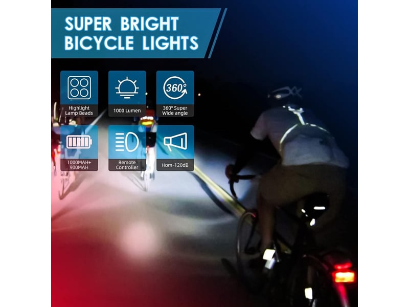  Éclairage vélo usb rechargeable 1000 lumens avant arrière, clignotant télécommande, klaxon, ipx5 étanche, vtt route  - Conforama D