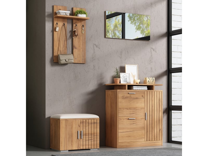  Lot de 4 meuble d'entrée, ensemble complet d'entrée avec banc à chaussures et armoire à chaussures, 1 miroir, 4 crochets, 5 porte  - Conforama B