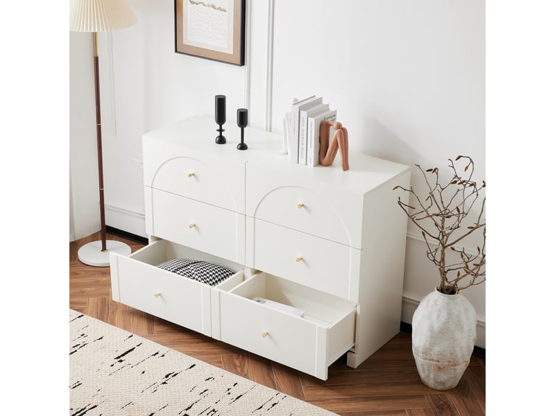 Commode 6 tiroirs, 120x40x82 cm, buffet meuble de rangement pour chambre et salon, style romantique chic en bois, blanc - Conforama W