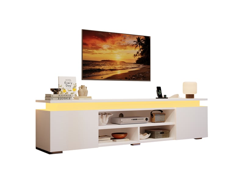  Meuble tv 180x35x42 cm avec led, 2 placards et 3 niches blanc  - Conforama A