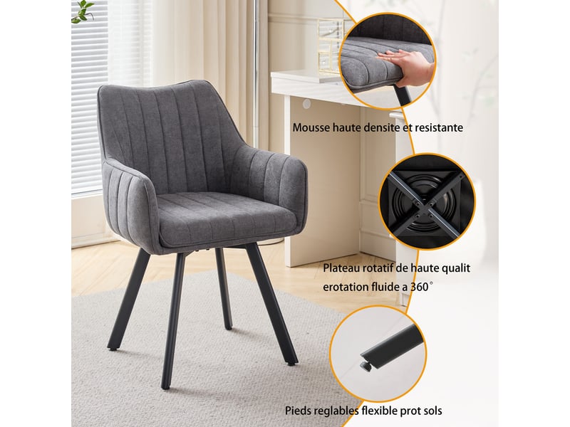 Lot de 6 chaises pivotante à 360°, chaise salle à manger scandinave, chaise salon avec pieds en métal, gris  - Conforama D