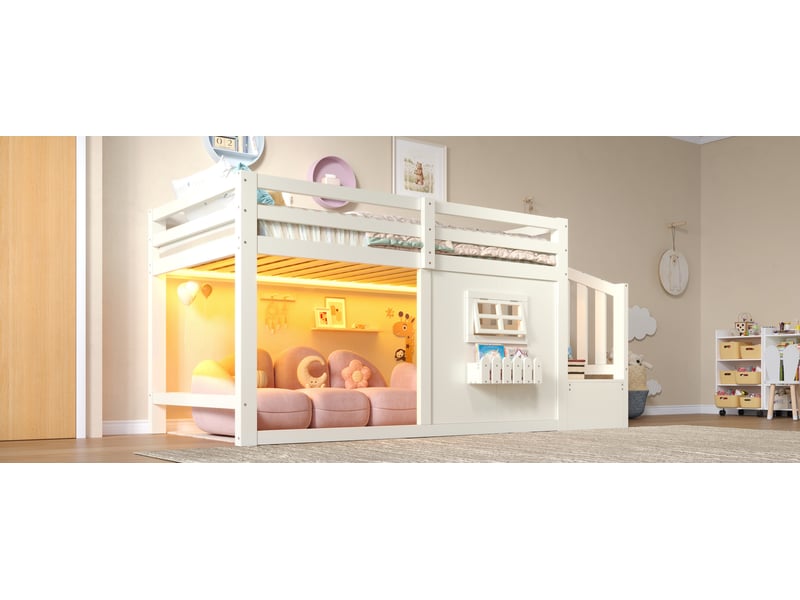 Lit superposé 90x200 cm blanc pin et mdf avec fenêtre échelle de rangement et bandeau led sans matelas Sol Morn - Conforama D