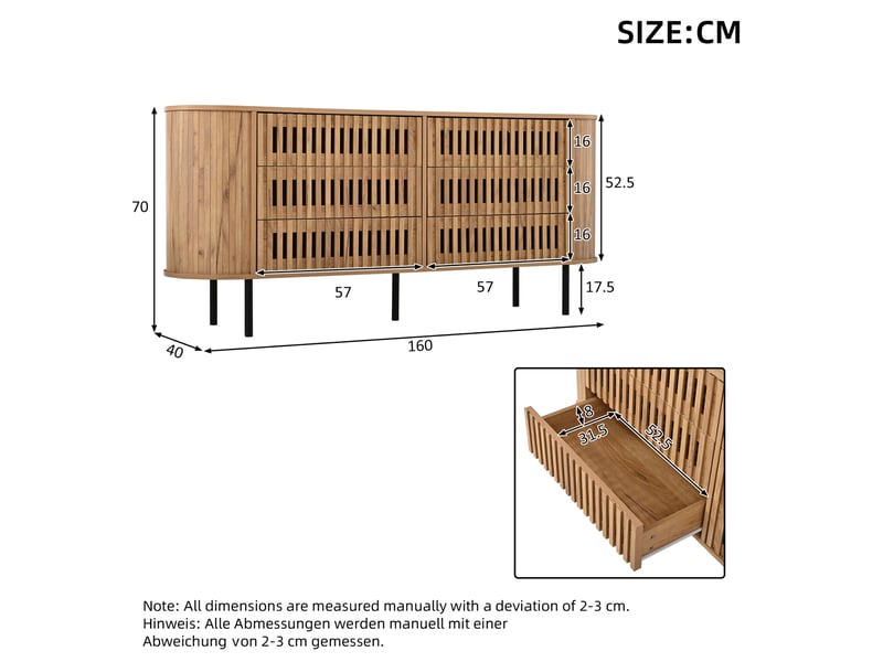  Buffet 160x40x70 cm, 6 tiroirs, design lames ajourées, mdf, pieds métal, charge 70 kg, naturel  - Conforama C
