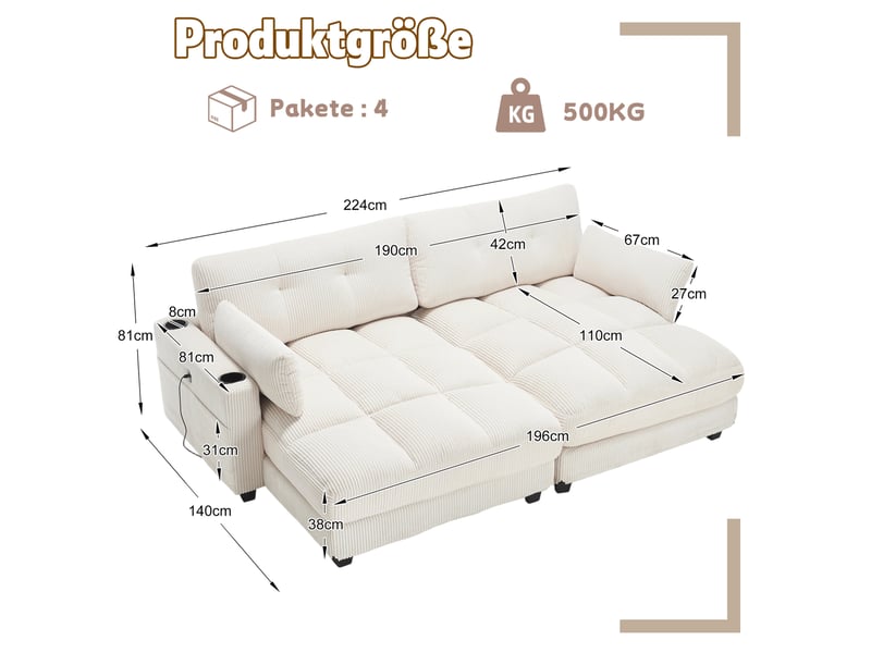  Canapé modulable modenvie 2 places en velours côtelé beige, séparable, 2 coussins, ports usb, 4 porte-gobelets et 4 poches latérales, 224 x 140 x 81 cm  - Conforama C