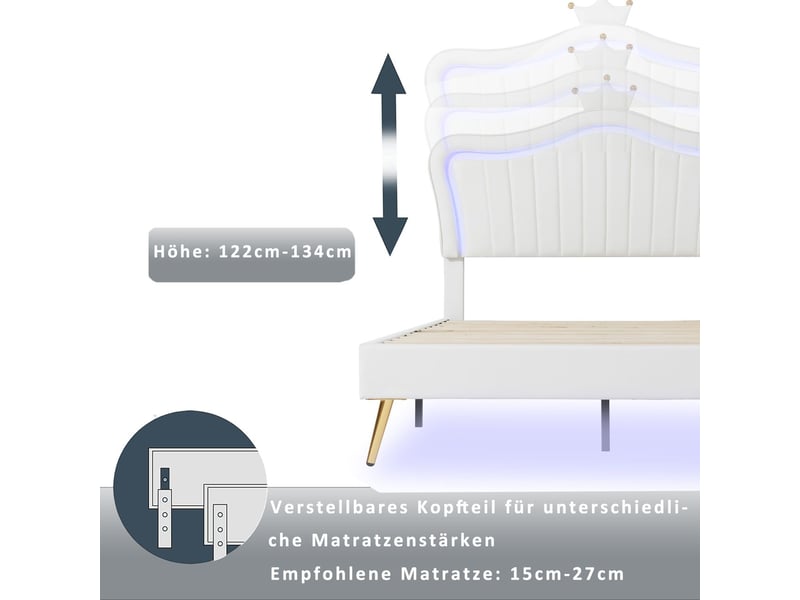 Lit rembourré 90x200 cm en similicuir blanc avec led - lit enfant - forme couronne, pieds surélevés, sommier inclus - Conforama D