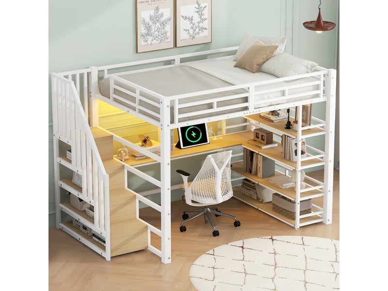  Lit mezzanine 140x200 cm en métal blanc avec escalier, bureau intégré, rangements, station de charge usb et éclairage led  - Conforama D