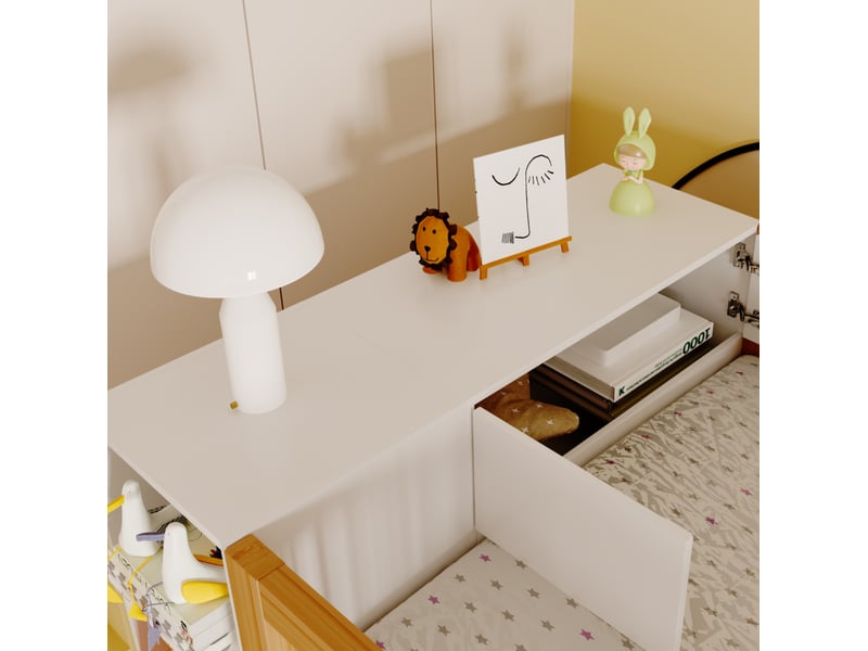  Lit mezzanine 90x200 cm multifonctionnel avec rangements, armoire et échelle de sécurité bois mdf blanc et bois naturel sans matelas  - Conforama E