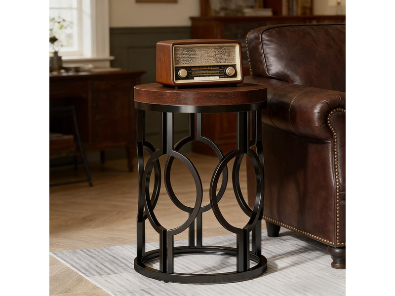  Table d'appoint ronde en mdf et métal marron rustique et noir ø45x60 cm  - Conforama B