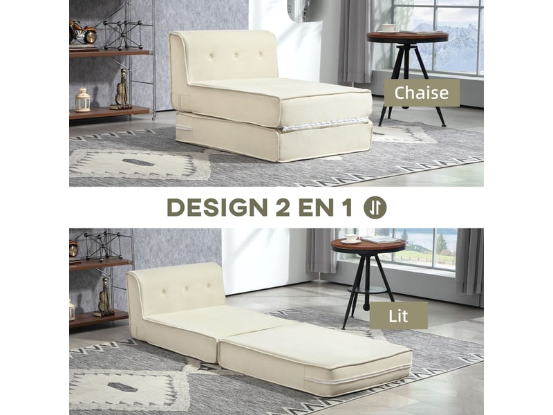  Canapé-lit pliant avec dossier capitonné, chauffeuse convertible, lit d'appoint, salon, bureau, blanc crème  - Conforama D